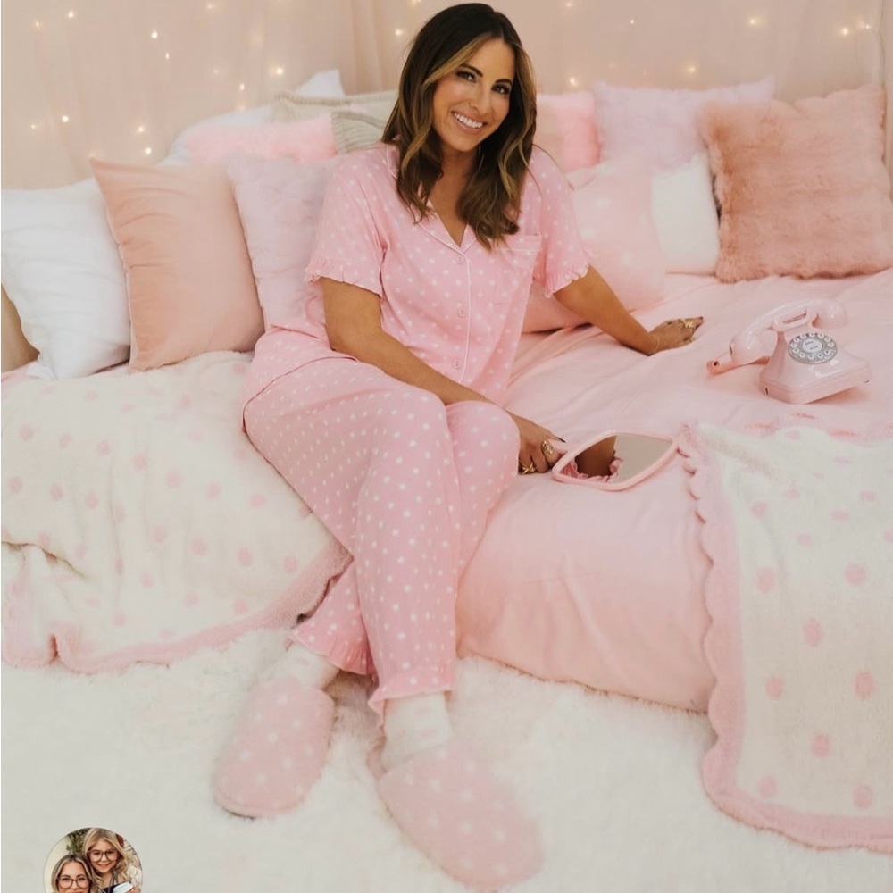 StayKation - Pink Polka Dot Ruffle Ribbed Cropped Pajama Set